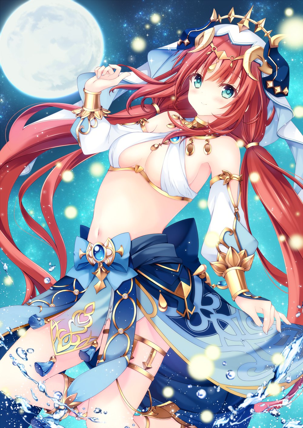 1girl, aqua_eyes, bare_shoulders, black_horns, blue_skirt, breasts, brooch, closed_mouth