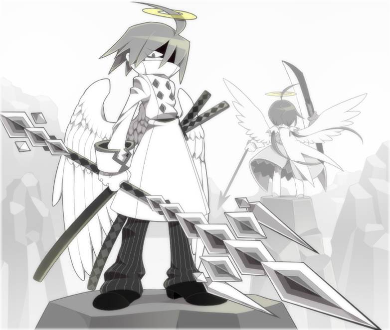 1boy, 1girl, ahoge, alela_grora_(funamusea), angel, angel_wings, arrow_(projectile), black_shoes