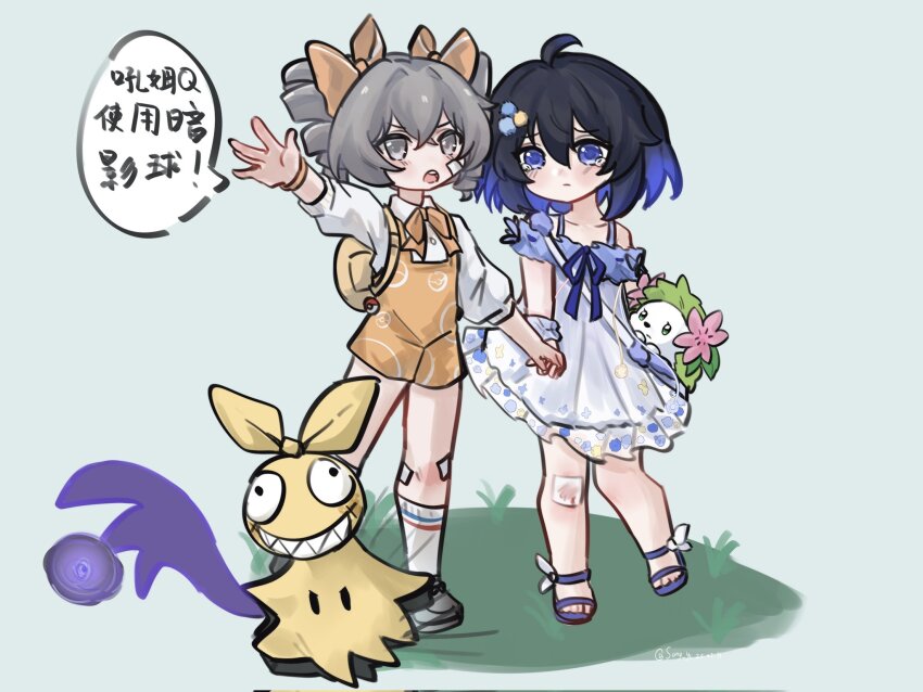 2girls, :o, ahoge, backpack, bag, bare_shoulders, black_hair, blue_background