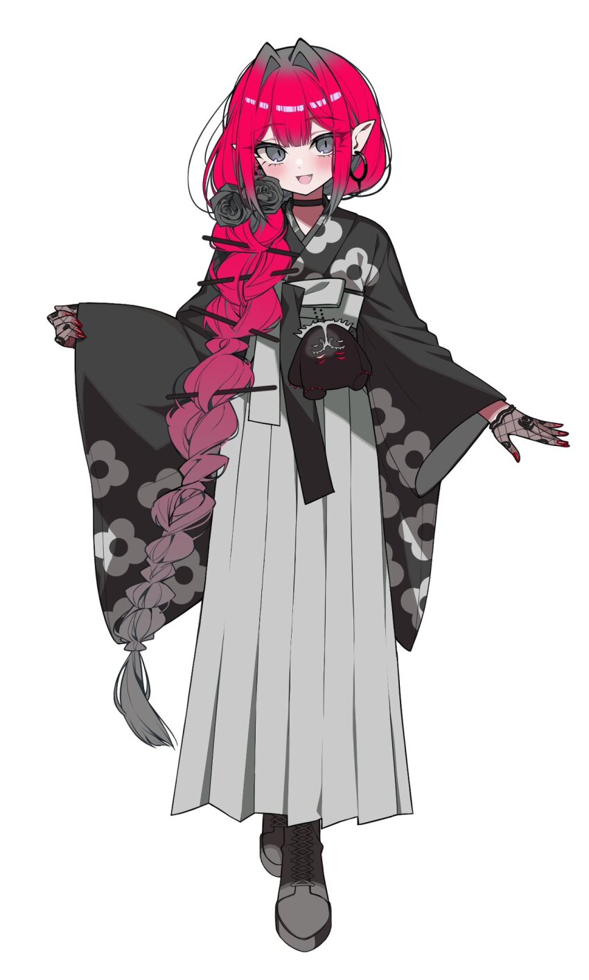 1girl, baobhan_sith_(fate), baobhan_sith_(over_the_same_sky)_(fate), black_boots, black_kimono, blush, boots, breasts, cernunnos_(fate), earrings, fate/grand_order, fate_(series), floral_print, full_body, grey_eyes, grey_hakama, hakama, hakama_skirt, highres, hoshino_reiji, japanese_clothes, jewelry, kimono, long_hair, long_sleeves, looking_at_viewer, medium_breasts, obi, open_mouth, pink_hair, pointy_ears, sash, sidelocks, skirt, smile, solo, stuffed_toy, wide_sleeves