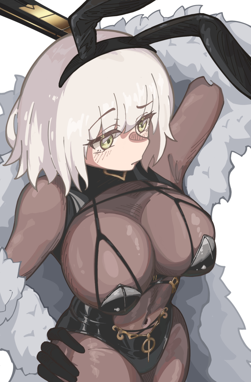1girl, animal_ears, black_gloves, black_leotard, blush, bodysuit, breasts, brown_bodysuit