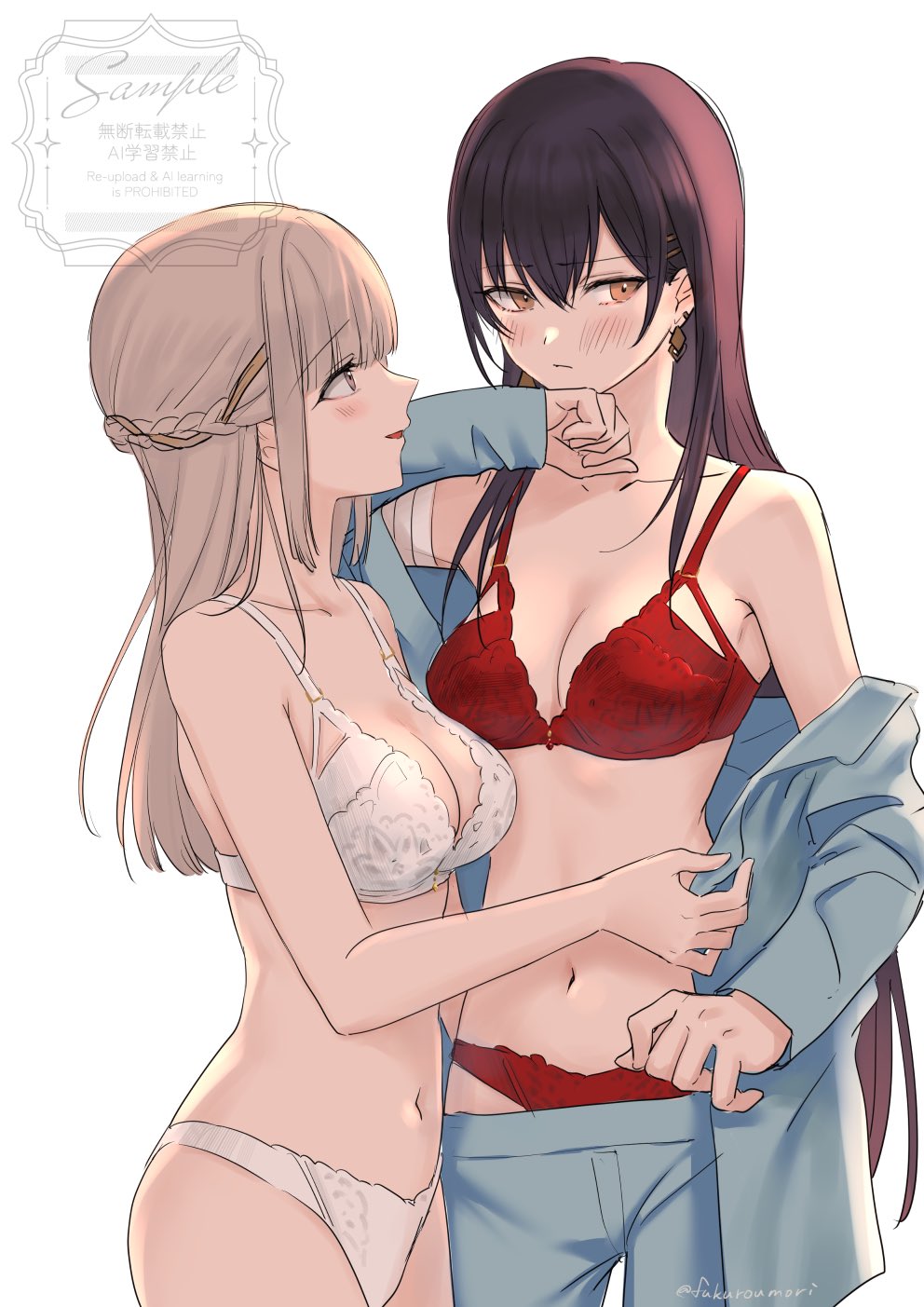 2girls, artist_name, averting_eyes, blonde_hair, blue_pants, blue_shirt, blunt_bangs, blush