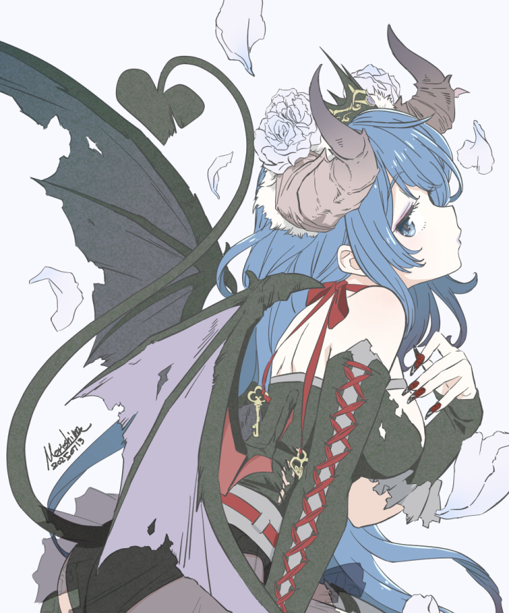 1girl, artist_name, back, bare_shoulders, black_crown, black_gloves, black_leotard, black_pantyhose, black_sleeves, black_tail, black_wings, blue_eyes, blue_hair, blue_lips, bow, breasts, commentary_request, cosplay, cross-laced_clothes, cross-laced_gloves, crown, curled_horns, dated, demon_girl, demon_tail, demon_wings, detached_sleeves, elbow_gloves, fake_nails, flower, from_side, gloves, hair_flower, hair_ornament, horns, leotard, long_hair, looking_at_viewer, make_heroine_ga_oo_sugiru!, medium_breasts, morishima_noriko, neck_ribbon, notched_tail, pantyhose, petals, profile, red_bow, red_ribbon, ribbon, sideways_glance, signature, single_detached_sleeve, single_elbow_glove, solo, tail, torn_clothes, torn_wings, very_long_hair, wings, yanami_anna