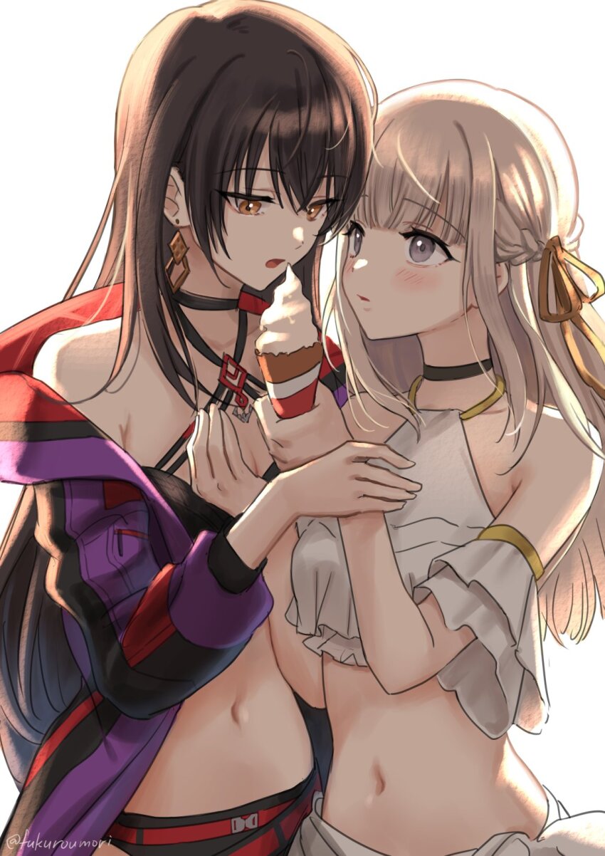 2girls, artist_name, backlighting, bikini, black_bikini, black_choker, black_hair, blonde_hair