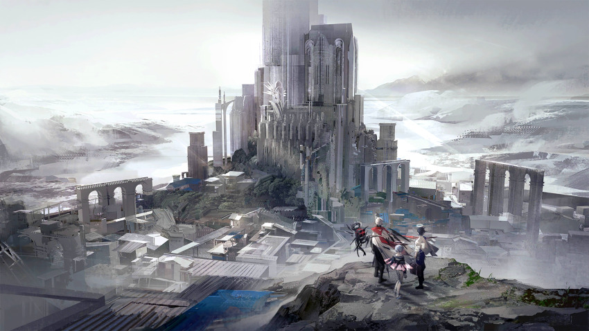 1girl, 2boys, arknights, black_hair, blonde_hair, blue_hair, briefcase, building