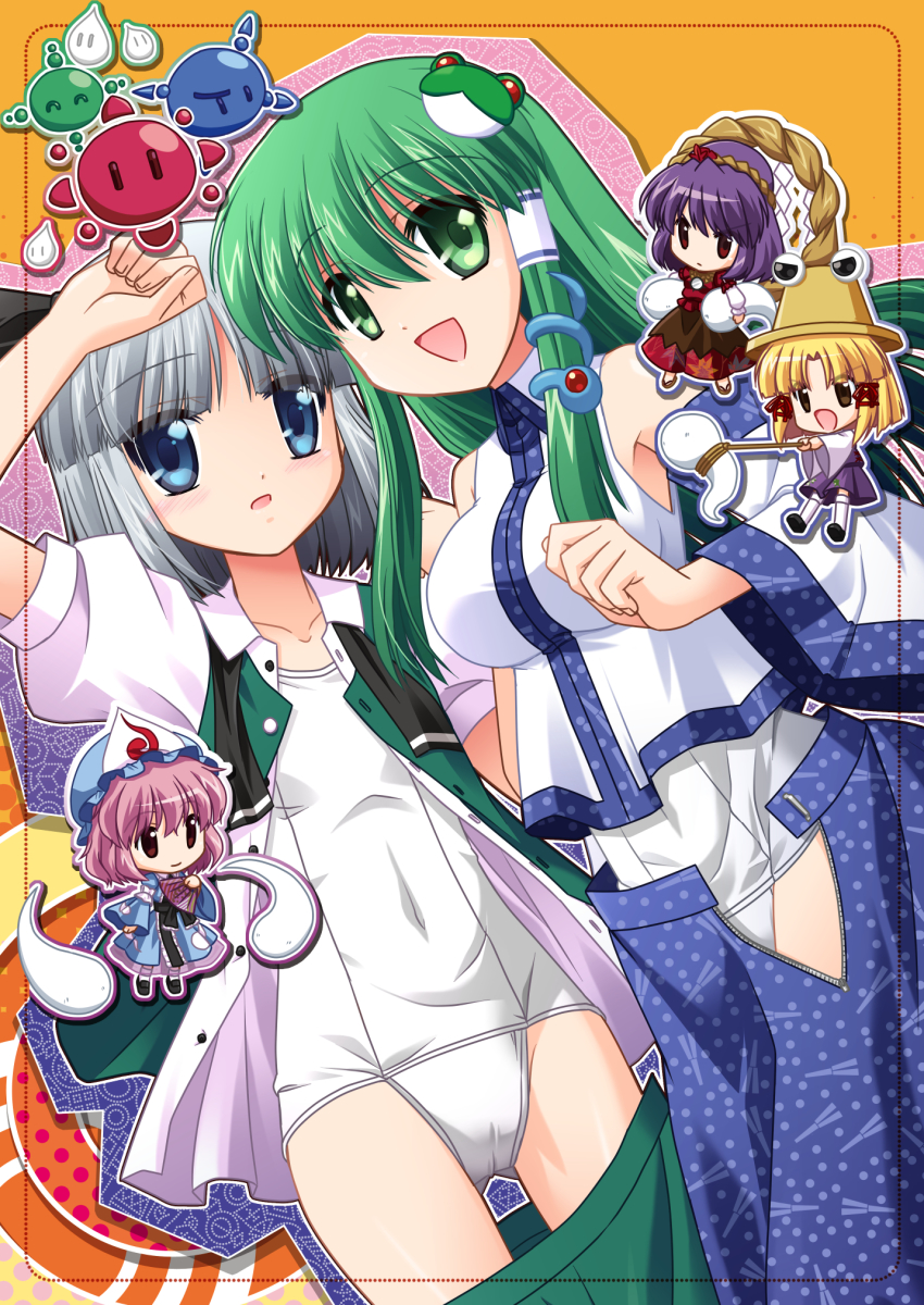 5girls, blonde_hair, blue_eyes, blue_hair, blush, breasts, clothes_pull, detached_sleeves