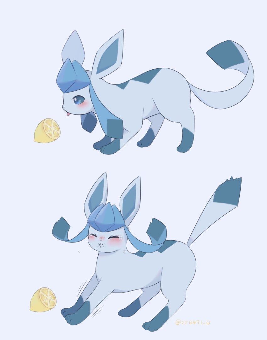 blue_eyes, blush, closed_eyes, commentary_request, food, fruit, gen_4_pokemon, glaceon, highres, lemon, meme, nintendo, no_humans, pokemon, pokemon_(creature), simple_background, sour_(taste), thour_(meme), tongue, tongue_out, white_background, yuuri_(yr0471_0)