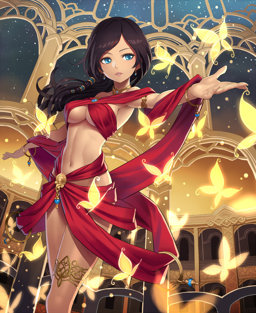 1girl, armlet, armpits, bangle, bare_shoulders, belly_dancer, black_hair, blue_eyes, bracelet, breasts, bug, butterfly, choker, cleavage, dancer, dark-skinned_female, dark_skin, earrings, female_focus, gold, hair_tubes, harem_outfit, insect, jewelry, k+, large_breasts, lips, long_hair, lots_of_jewelry, midriff, naked_ribbon, navel, original, outstretched_arms, ribbon, solo, spread_arms, standing, thighlet, underboob