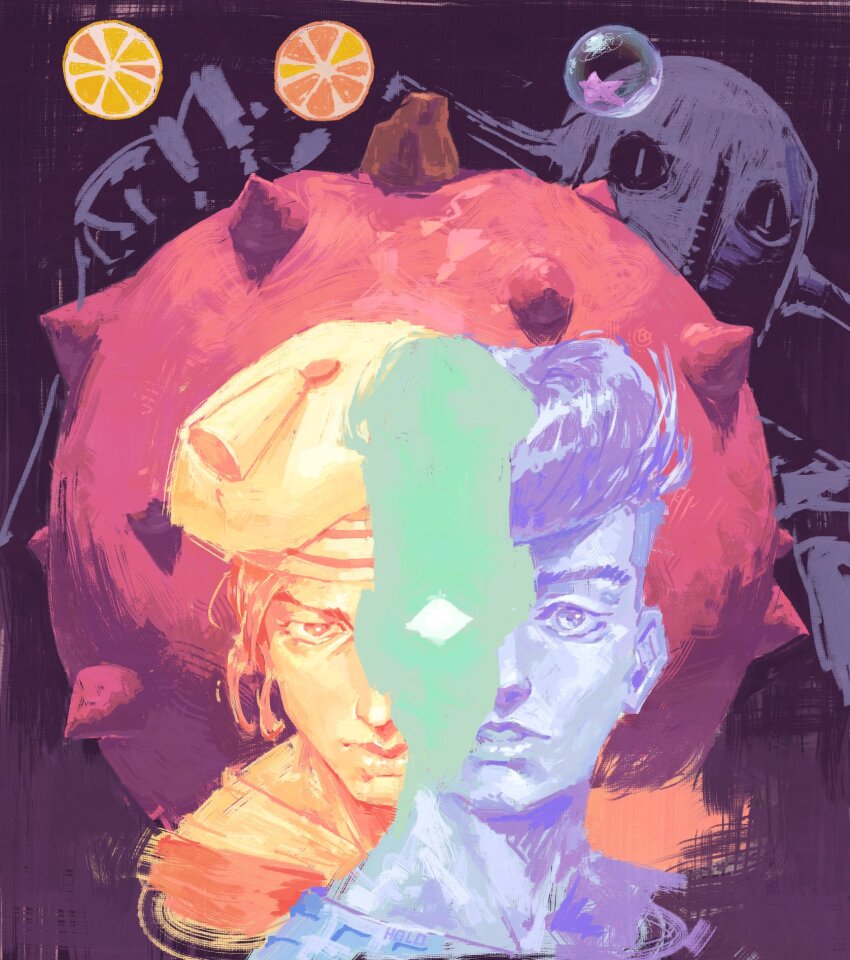 2boys, alternate_color, bubble, hat, highres, holo303, jojo_no_kimyou_na_bouken, jojolion, kira_yoshikage_(jojolion), kujo_josefumi, locacaca, looking_at_viewer, male_focus, multiple_boys, overlapped_images, pompadour, sailor, sailor_hat, short_hair, soft_&amp;_wet, star_(symbol), venn_diagram