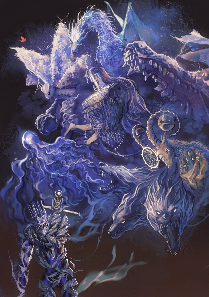 1boy, 1other, adel_(elden_ring), animal, antennae, armor, bug, cerberus