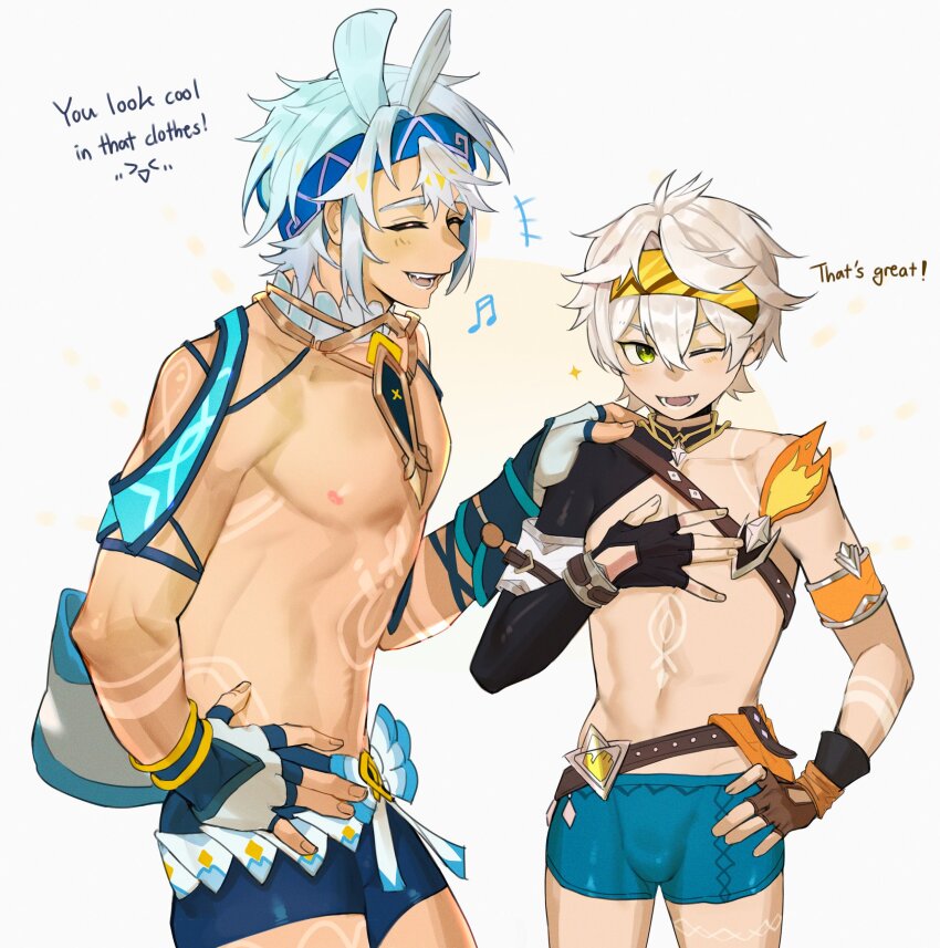 2boys, absurdres, aqua_shorts, bana_gameg, bennett_(adventures_in_blazing_hue)_(genshin_impact), bennett_(genshin_impact), black_gloves, black_sleeves