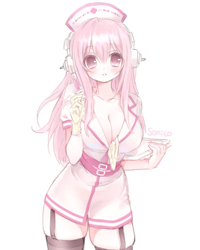 1girl, belt, breasts, character_name, cleavage, commentary, dress, garter_straps