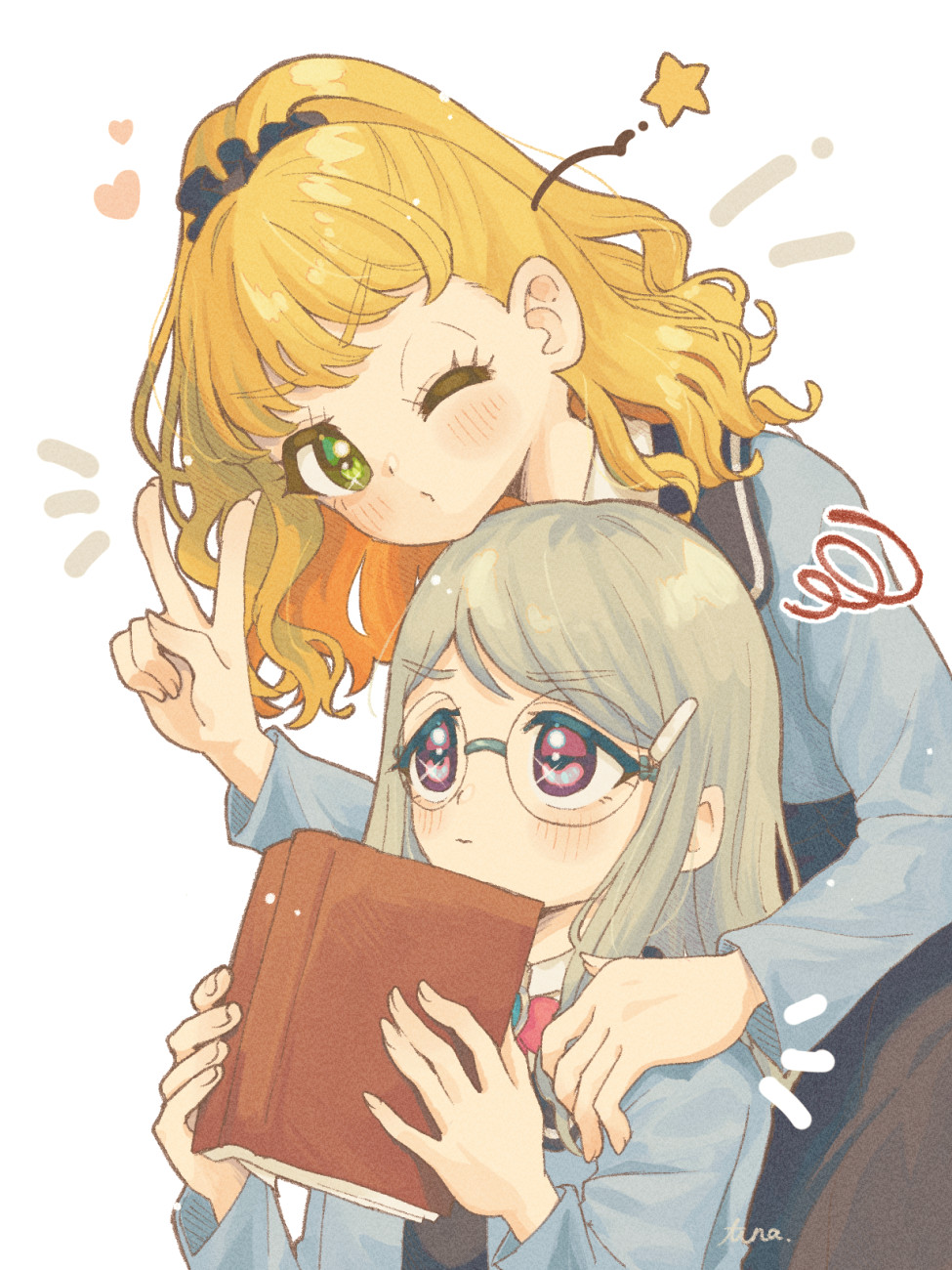 2girls, blonde_hair, blush, book, chiri_sousu, commentary_request, green_eyes, grey_hair