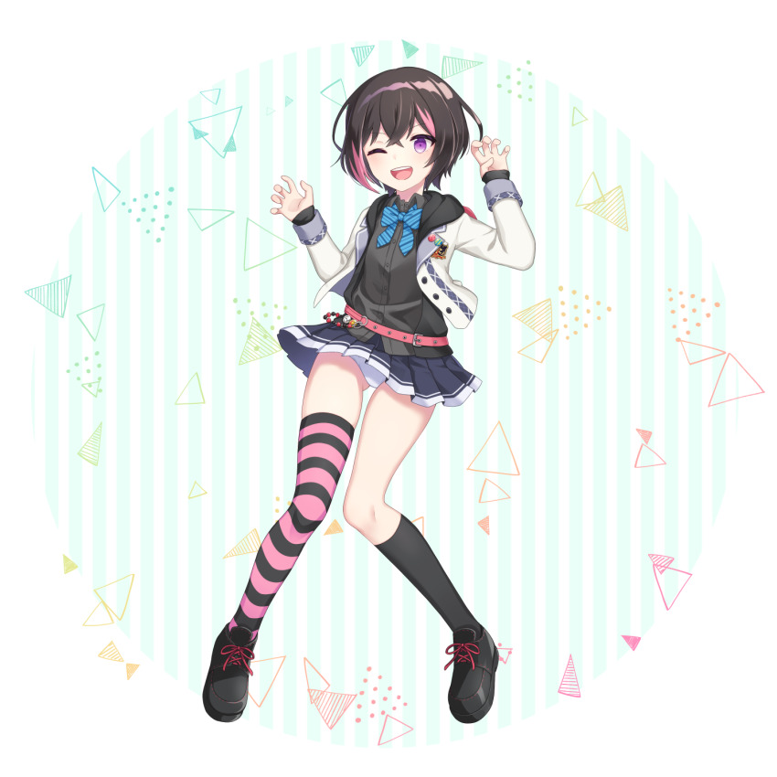 1girl, asymmetrical_legwear, belt, black_hair, black_shirt, black_shoes, black_skirt, black_socks, black_thighhighs, blazer, blue_bow, blue_bowtie, bow, bowtie, breasts, chair, clenched_hand, closed_mouth, collared_shirt, crossed_bangs, dress_shirt, dynamic_pose, full_body, grin, hair_between_eyes, highres, horizontal-striped_thighhighs, jacket, kuroneko13x, long_sleeves, looking_at_viewer, miniskirt, mismatched_legwear, multicolored_hair, multicolored_thighhighs, official_art, ongeki, panties, paw_pose, pink_belt, pink_hair, pink_thighhighs, pleated_skirt, purple_eyes, red_ribbon, restaurant, ribbon, school_uniform, shirt, shoes, short_hair, single_sock, single_thighhigh, skirt, sleeves_past_wrists, small_breasts, smile, socks, solo, split_mouth, streaked_hair, striped_clothes, striped_thighhighs, thighhighs, two-tone_hair, two-tone_thighhighs, underwear, uneven_legwear, white_jacket, white_panties, yuuki_riku
