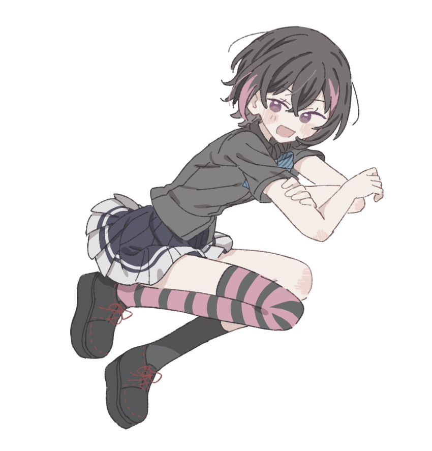 1girl, asymmetrical_legwear, belt, black_hair, black_shirt, black_shoes, black_socks, black_thighhighs