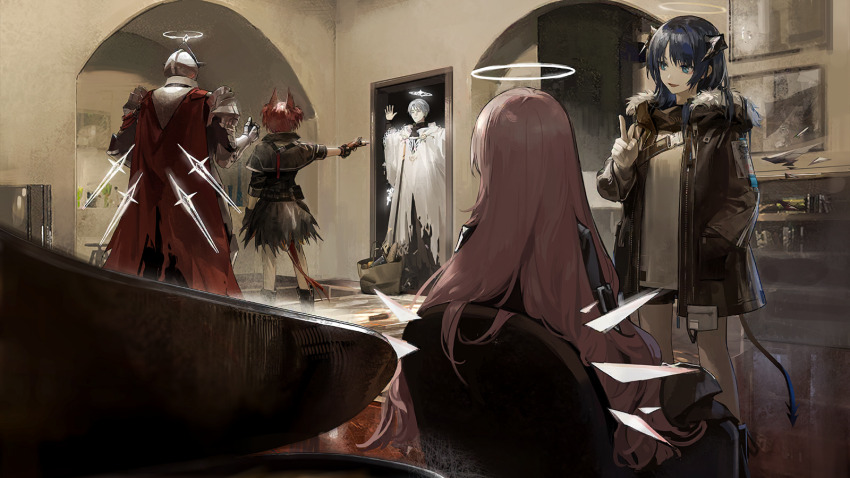 2boys, 3girls, adoptive_grandparent_and_adoptive_grandchild, andoain_(arknights), arknights, bird_tail, black_jacket, blue_hair