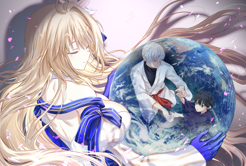 1girl, ahoge, archetype_earth, archetype_earth_(third_ascension), arcueid_brunestud, bare_shoulders, black_hair, blue_gloves