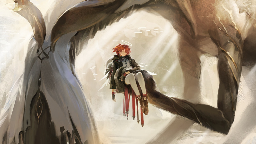 1girl, ankle_boots, arknights, arm_on_own_stomach, black_gloves, black_jacket, boots, carrying