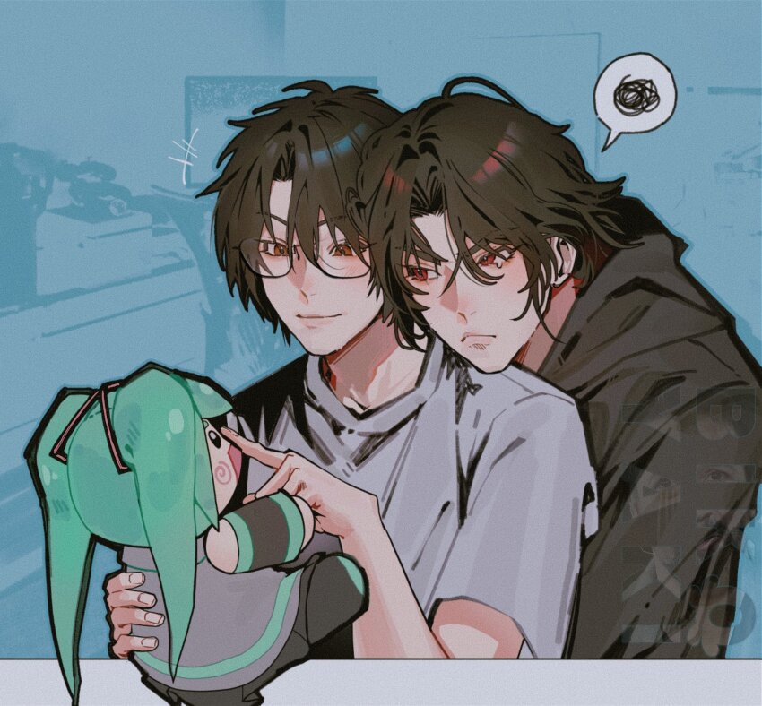 2boys, :d, alternate_hair_length, alternate_hairstyle, bikoyaki, black-framed_eyewear, black_hair, black_hoodie, blue_background, blue_outline, casual, character_doll, closed_mouth, contemporary, curtained_hair, doll, glasses, green_hair, hair_between_eyes, hatsune_miku, head_on_another's_shoulder, highres, holding, holding_doll, hood, hood_down, hoodie, indoors, jealous, light_blush, looking_at_another, luo_binghe, multiple_boys, official_alternate_hairstyle, open_mouth, outline, parted_bangs, photo_background, pout, raised_eyebrow, red_eyes, renzha_fanpai_zijiu_xitong, shen_qingqiu, shirt, short_hair, short_sleeves, smile, spoken_squiggle, squiggle, swirl, t-shirt, tearing_up, twintails, v-shaped_eyebrows, watermark, wavy_hair, white_shirt, yaoi
