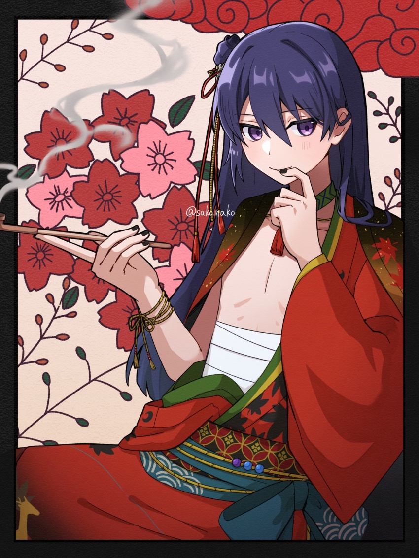 2boys, bishounen, black_border, black_nails, border, bracelet, branch, closed_mouth