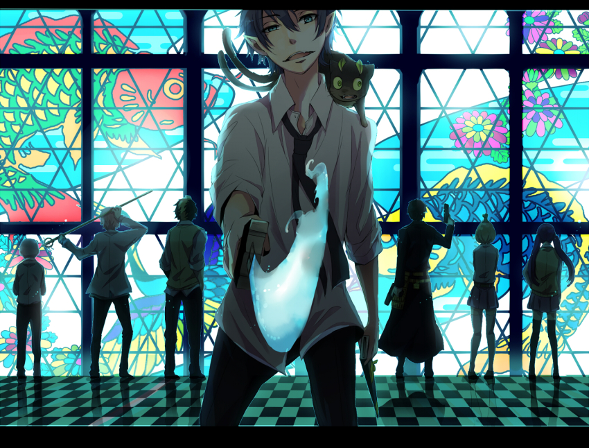 2girls, 5boys, aiming, aiming_at_viewer, ao_no_exorcist, bad_id, bad_pixiv_id, black_legwear, blonde_hair, blue_eyes, blue_hair, brothers, checkered_floor, dark, foreshortening, gun, highres, kamiki_izumo, kuro_(ao_no_exorcist), letterboxed, lineup, miwa_konekomaru, moriyama_shiemi, multicolored_hair, multiple_boys, multiple_girls, necktie, nii_(ao_no_exorcist), okumura_rin, okumura_yukio, pink_hair, piyuki0911, pointy_ears, purple_hair, school_uniform, shima_renzou, siblings, staff, stained_glass, suguro_ryuuji, supika_(piyuki0911), sword, tail, thighhighs, twintails, weapon, white_legwear