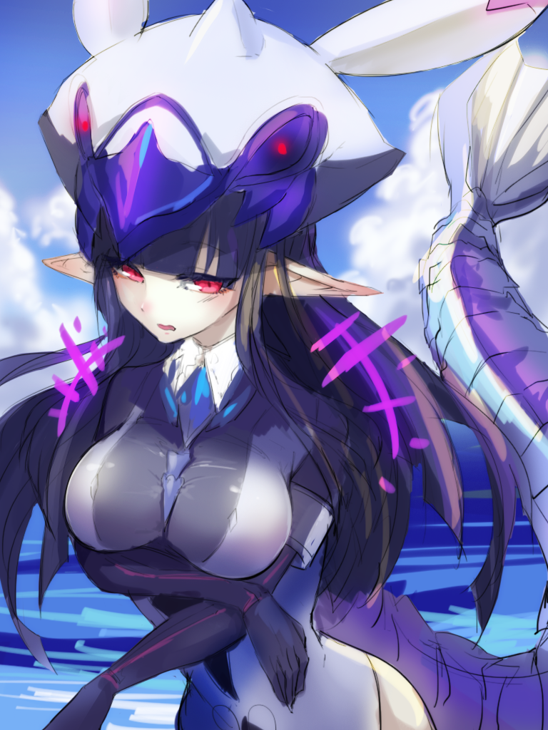 1girl, black_hair, bodysuit, breasts, emil_chronicle_online, hat, kemogon, large_breasts