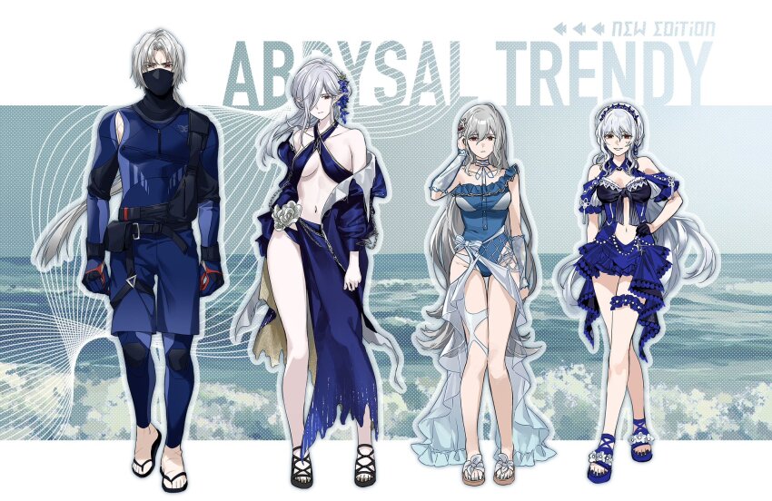 1boy, 3girls, arknights, bikini, black_gloves, blue_bikini, blue_hairband, blue_one-piece_swimsuit