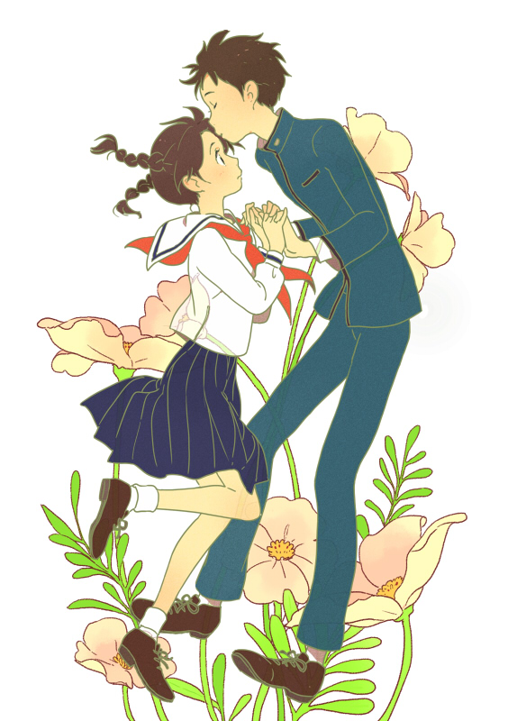 1boy, 1girl, abenobashi_mahou_shoutengai, asahina_arumi, blush, braid, brown_eyes, brown_hair, couple, closed_eyes, flower, from_side, hetero, imamiya_satoshi, kazama_shun, kiikanna, kiss, kissing_forehead, kokurikozaka_kara, komatsuzaki_umi, pants, parody, school_uniform, serafuku, short_hair, skirt, surprised, twin_braids