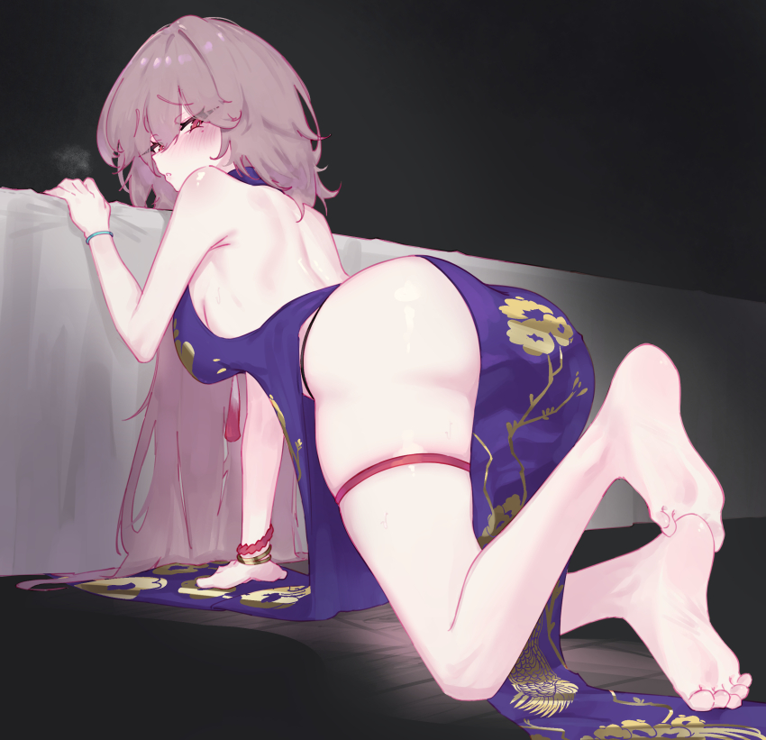 1girl, absurdres, barefoot, blush, china_dress, chinese_clothes, dress, feet