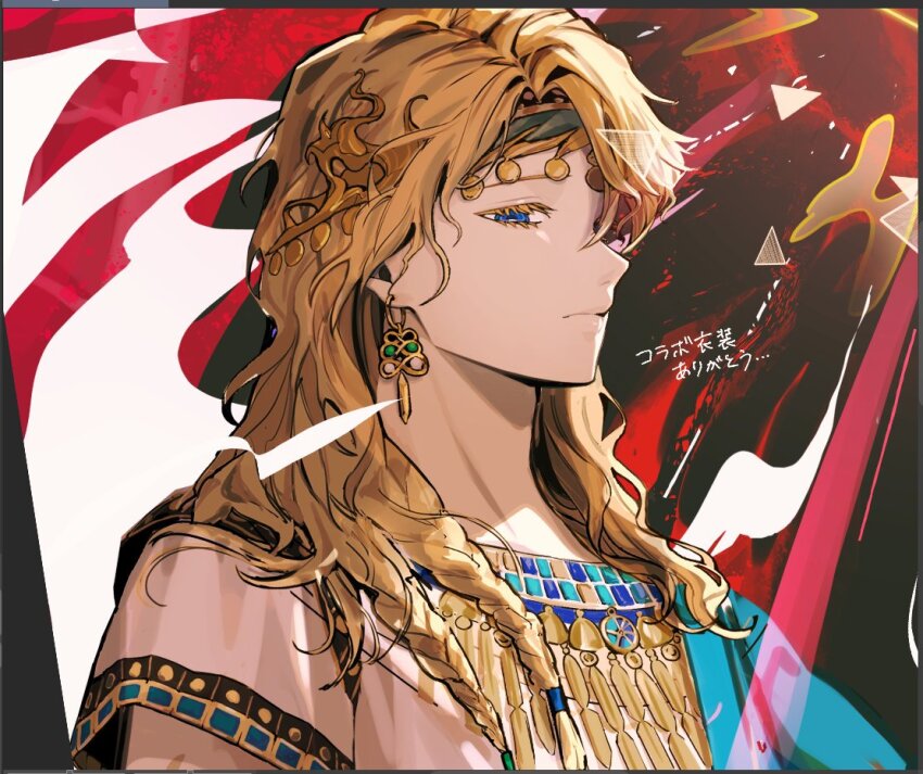 1boy, 6_(by_the_razed_polis)_(reverse:1999), 6_(reverse:1999), blonde_hair, blue_eyes, blue_robe, earrings, hair_ornament