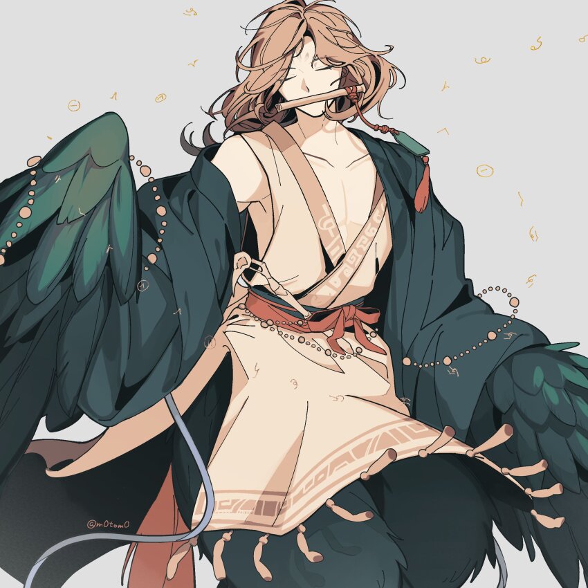 1boy, absurdres, bird_legs, black_robe, bone_weapon, brown_hair, chinese_clothes, closed_eyes