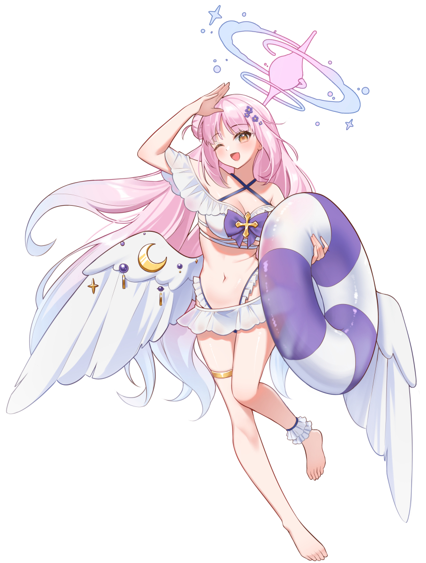 1girl, absurdres, alternate_costume, angel_wings, aqua_hair, arm_up, bikini, blue_archive