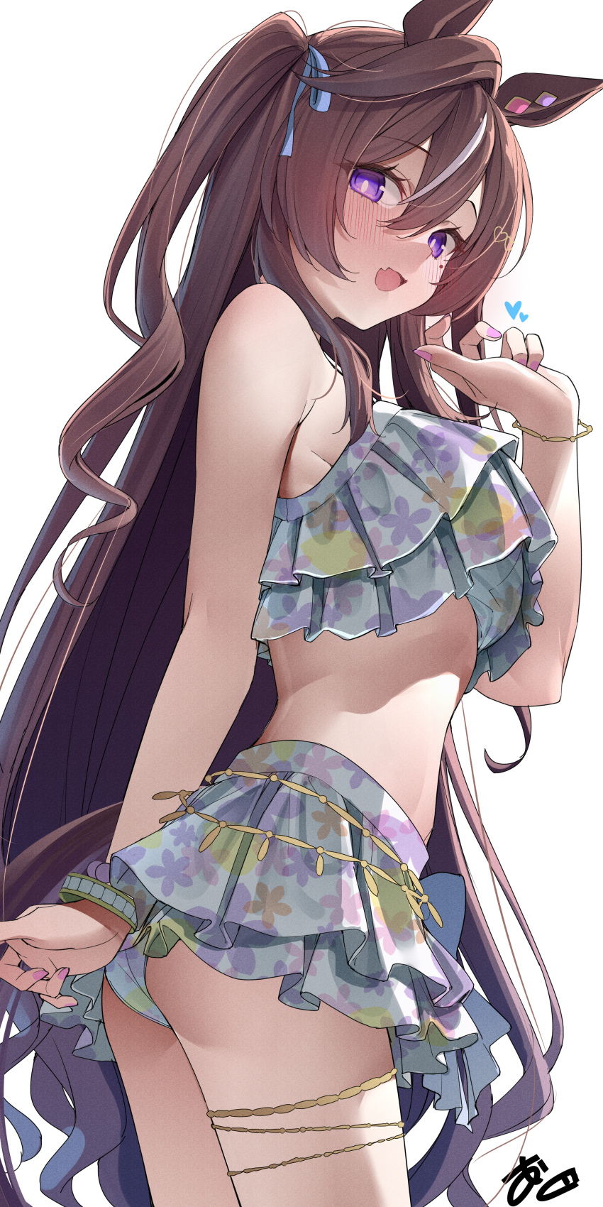 1girl, absurdres, animal_ears, ass, bare_shoulders, bikini, bikini_skirt, blush, brown_hair, cowboy_shot, fang, fingernails, floral_print, floral_print_bikini, hair_between_eyes, highres, horse_ears, horse_girl, horse_tail, kawai_ritsu_(rits_meg), long_hair, looking_at_viewer, mole, mole_under_eye, nail_polish, official_alternate_costume, open_mouth, pink_bikini, print_bikini, purple_eyes, purple_nails, ruffle_bikini, simple_background, skin_fang, smile, solo, swimsuit, tail, thighs, umamusume, vivlos_(eclat_d'ete)_(umamusume), vivlos_(umamusume), white_background, white_streaks