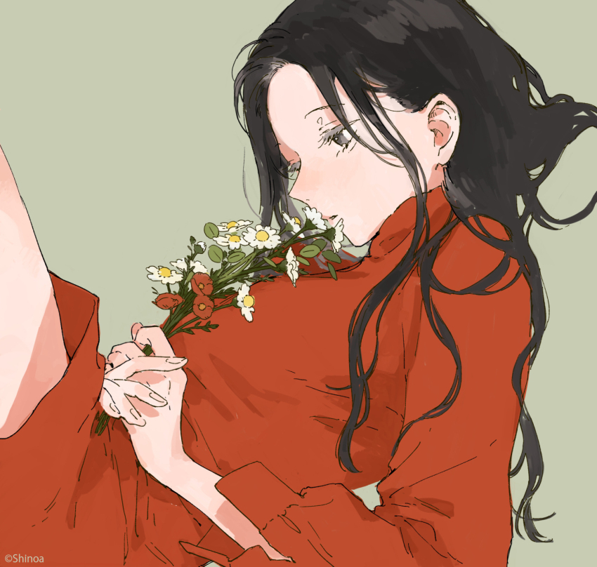 1girl, artist_name, black_hair, flower, green_background, highres, holding, holding_flower