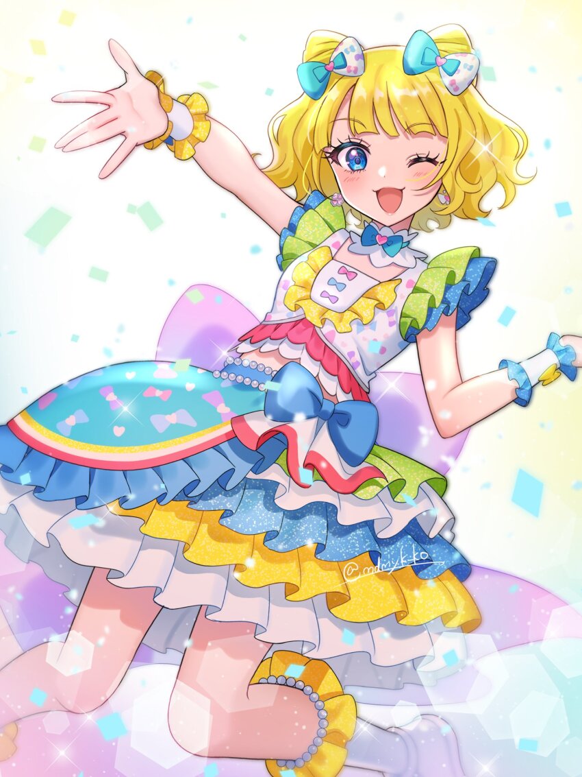 1girl, ;3, ;d, blonde_hair, blue_bow, blue_eyes, blunt_bangs, boots