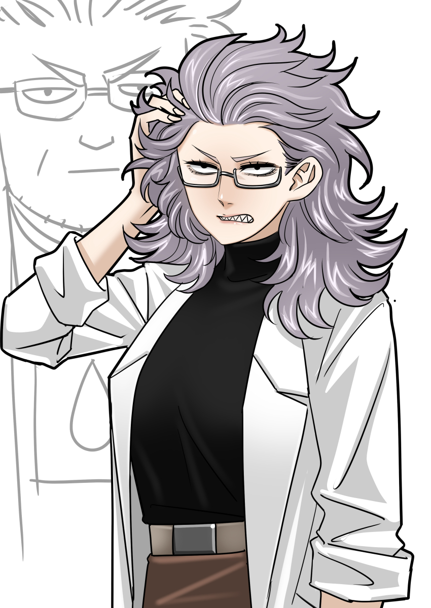 1girl, absurdres, arm_up, black_shirt, brown_skirt, coat, genderswap, genderswap_(mtf), glasses, grey-framed_eyewear, grey_hair, grin, hand_in_own_hair, highres, lab_coat, long_hair, mado_hiroshi, mature_female, puniru_wa_kawaii_slime, segata3shirou, semi-rimless_eyewear, sharp_teeth, shirt, skirt, sleeves_rolled_up, smile, solo, teeth, turtleneck, turtleneck_shirt, white_coat