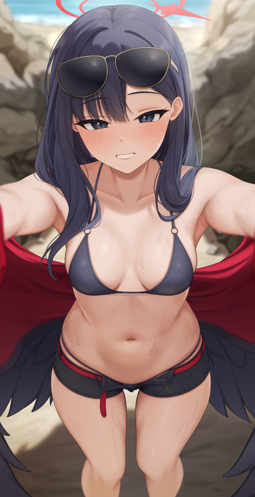 1girl, absurdres, armpits, bare_shoulders, beach, belt, bikini, bikini_bottom_under_shorts, bikini_under_clothes, black_bikini, black_eyes, black_hair, black_shorts, black_wings, blue_archive, blurry, blush, breasts, collarbone, commentary, day, depth_of_field, eyewear_on_head, feathered_wings, halo, hands_up, hayasi_iru, highres, ichika_(blue_archive), ichika_(swimsuit)_(blue_archive), jacket, long_hair, looking_at_viewer, low_wings, medium_breasts, micro_shorts, navel, o-ring, o-ring_top, ocean, official_alternate_costume, open_clothes, open_fly, open_jacket, open_shorts, outdoors, outstretched_arms, parted_lips, pov, reaching, reaching_towards_viewer, red_belt, red_halo, red_jacket, rock, shorts, sidelocks, smile, solo, standing, stomach, sunglasses, swimsuit, thighs, two-sided_fabric, two-sided_jacket, very_long_hair, wet, wings