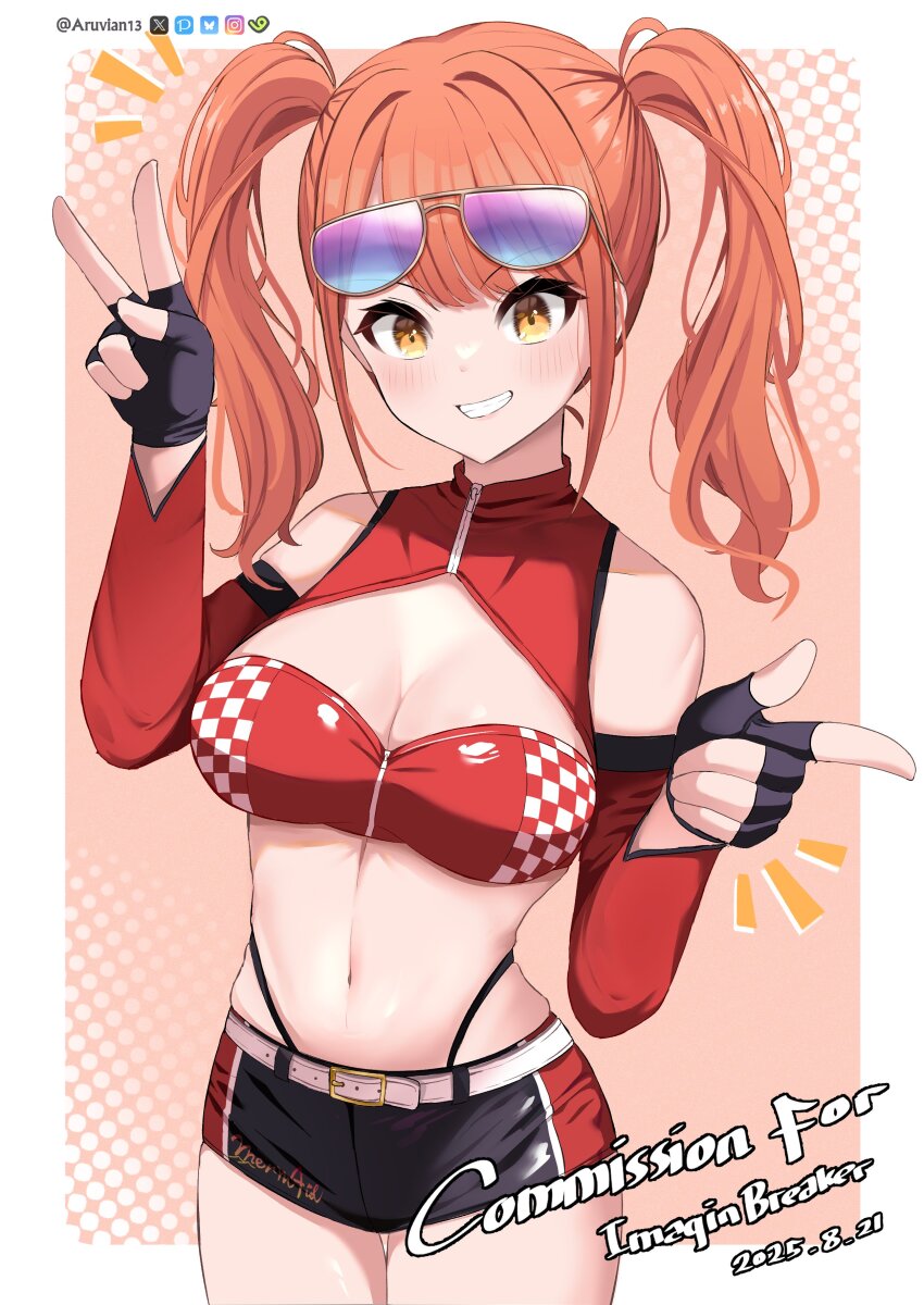 1girl, absurdres, alternate_costume, aruvian13, belt, black_gloves, blush, breasts