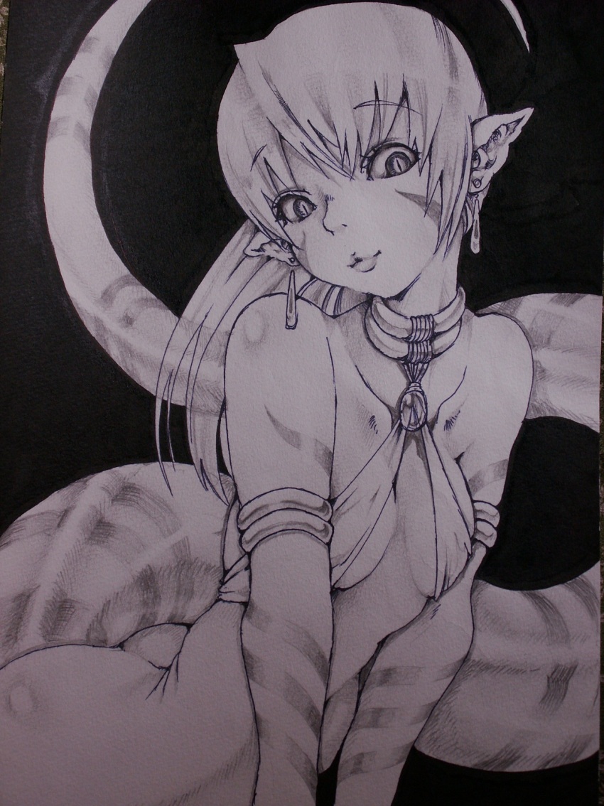 1girl, :3, amulet, armlet, bare_shoulders, black_background, bottomless, bra