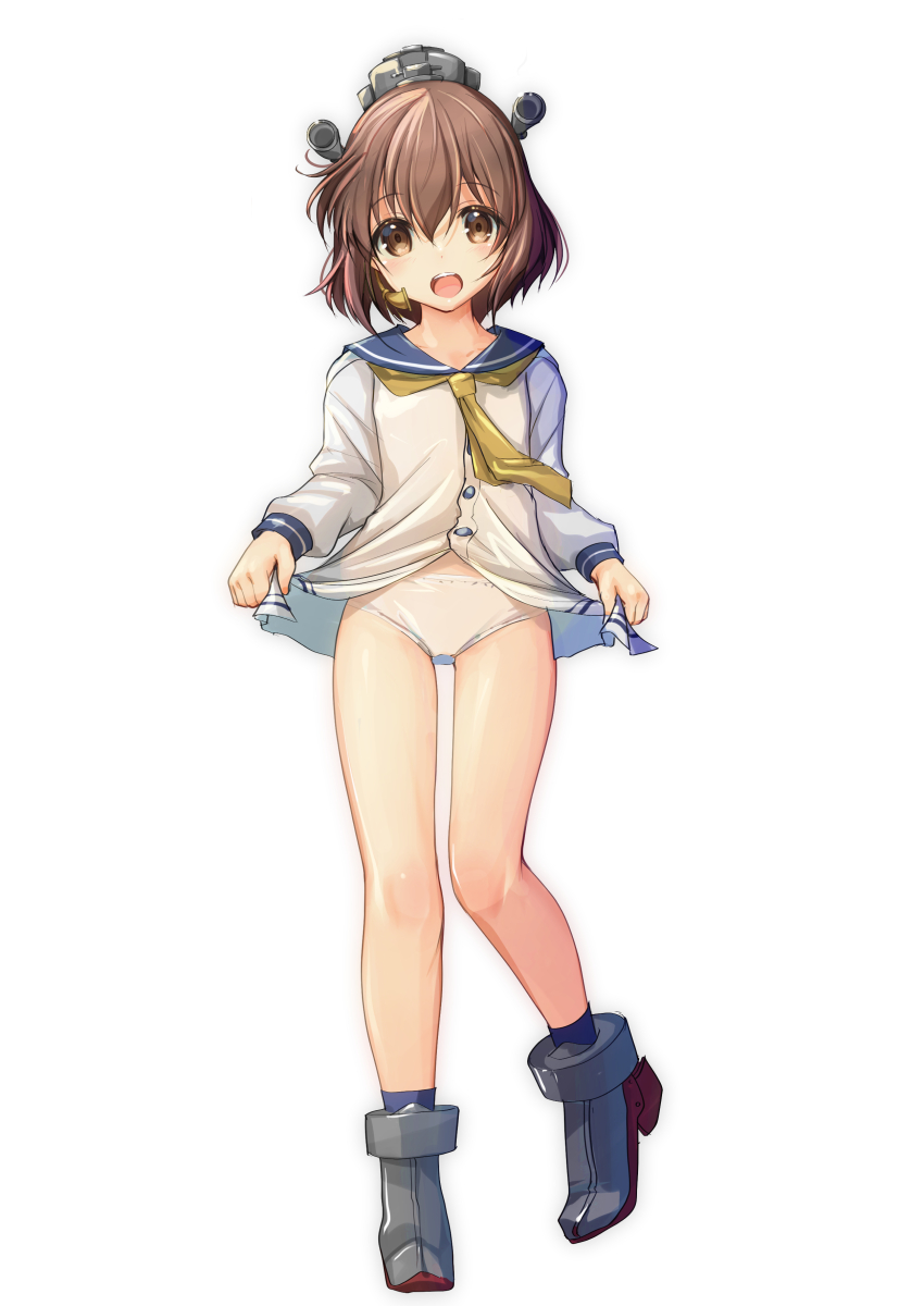 1girl, absurdres, blue_sailor_collar, brown_eyes, brown_hair, character_name, clothes_lift, commentary_request
