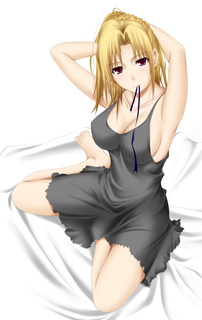 bed, blonde_hair, breasts, cleavage, kinugawa_keiko, red_eyes, ribbon, ribucci