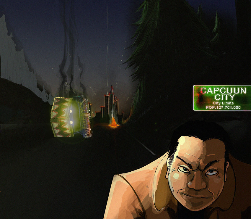 bnmotive, capcom, city, fire, forest, highres, inafune_keiji, male_focus