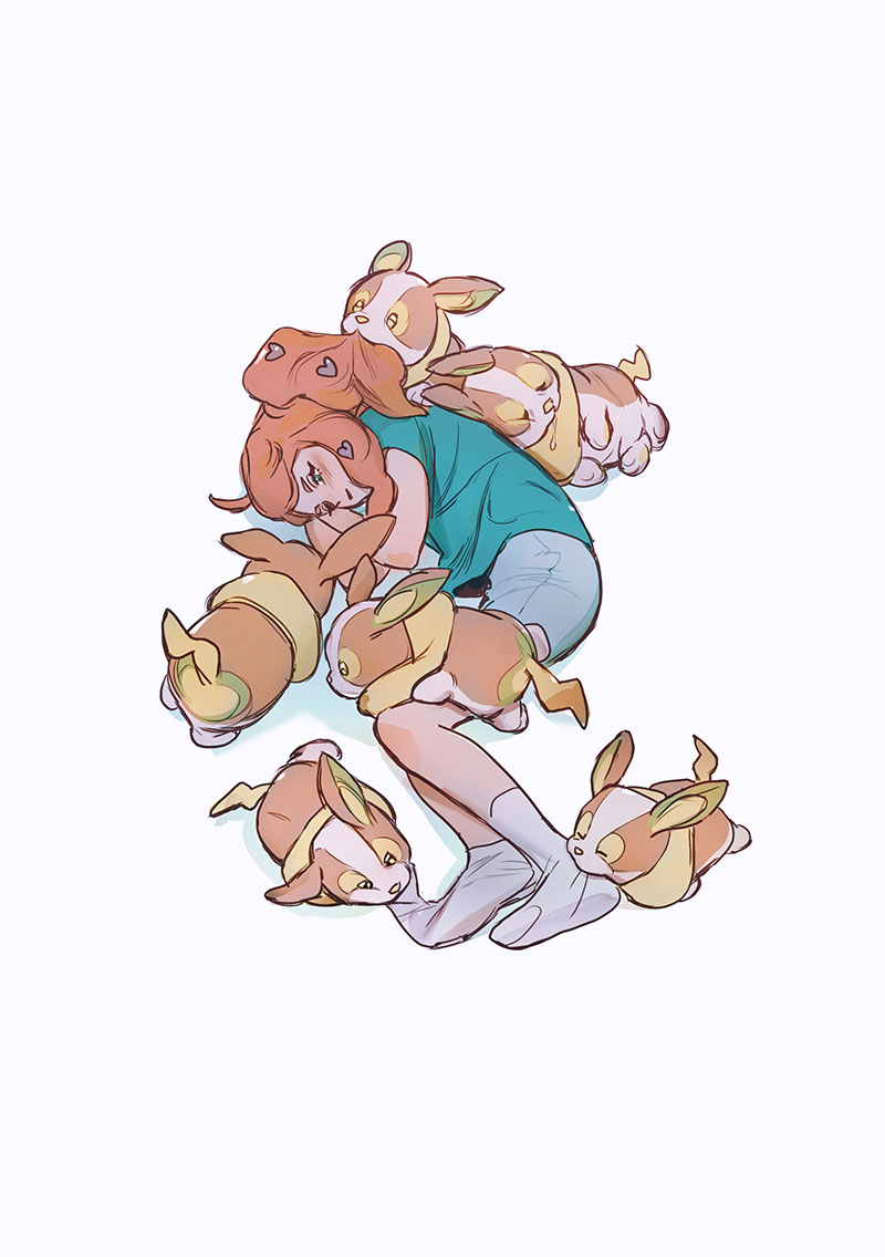 1girl, blue_shirt, full_body, gen_8_pokemon, lying, nintendo, on_side, orange_hair