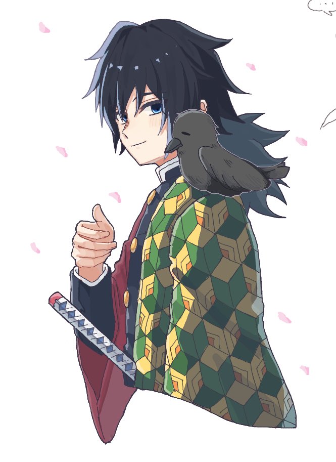 1boy, animal, animal_on_shoulder, bird, bird_on_shoulder, black_hair, black_jacket, blue_eyes