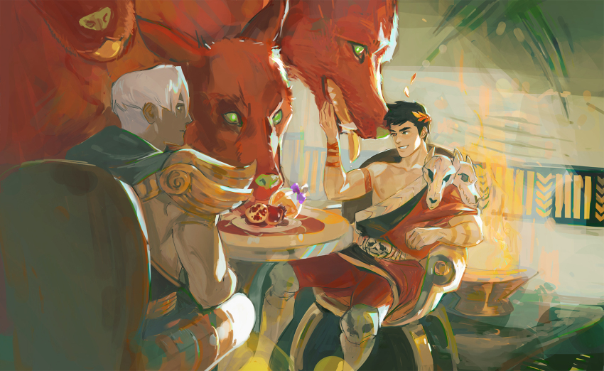2boys, ambrosia_(hades), animal, black_hair, cerberus_(hades), dog, fire, food