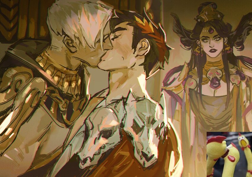 1girl, 2boys, black_hair, breasts, cleavage, earrings, hades_(series), inset