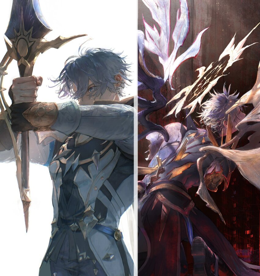 1boy, absurdres, alternate_form, amputee, aonon_040, armor, back, black_pants, blonde_hair, blue_eyes, cat, grey_hair, hair_between_eyes, halo, halo_behind_head, highres, holding, holding_sword, holding_weapon, honkai:_star_rail, honkai_(series), male_focus, multiple_views, pants, pauldrons, phainon_(honkai:_star_rail), shirt, short_hair, shoulder_armor, single_pauldron, sword, torn_clothes, torn_shirt, weapon, white_background, white_cat, wings