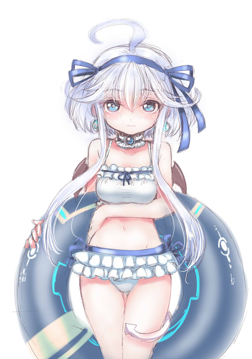 1girl, ahoge, ajitarou_(setsu), android, bat_wings, bikini, blue_eyes, blue_ribbon