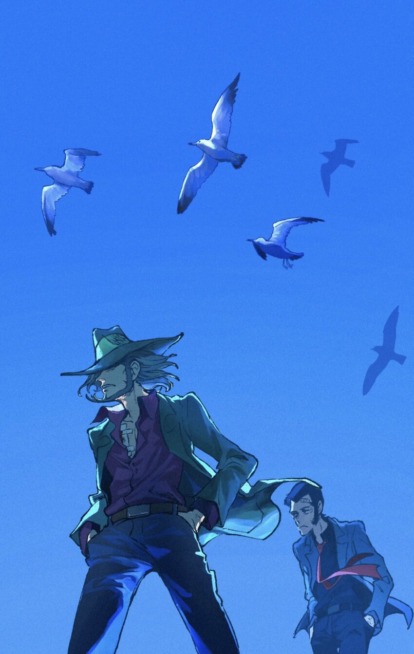 2boys, arsene_lupin_iii, bandaid, bandaid_on_chest, bandaid_on_face, beard, bird, black_hat