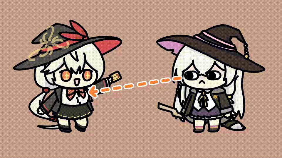 2girls, animated, animated_gif, blue_archive, bow, bowtie, braid, broom, card, chibi, crossover, elaina_(majo_no_tabitabi), eri_(blue_archive), halo, hat, holding, holding_broom, holding_card, jacket, long_coat, long_hair, majo_no_tabitabi, multiple_girls, orange_eyes, shin5575, shirt, skirt, staring, sweater, white_hair, witch_hat